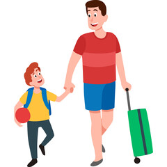 Father And Son Walking Together With Luggage And Ball In Casual Outfits And Sunny Day