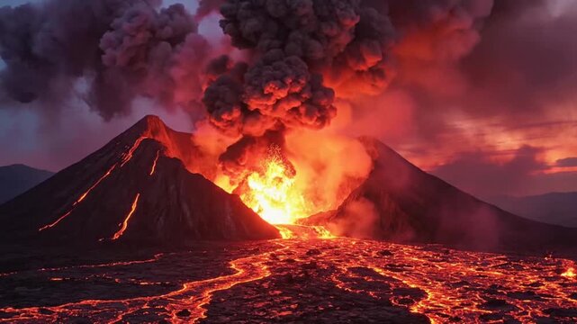 Dramatic Volcanic Eruption with Fiery Lava Flow and Ash Cloud at Sunset.