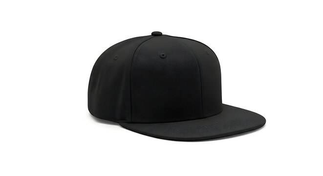 Blank black flat brim baseball cap for custom design, classic snapback hat isolated on white background