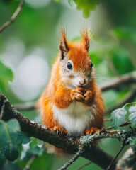Red squirrel eats snack on tree branch in lush green forest