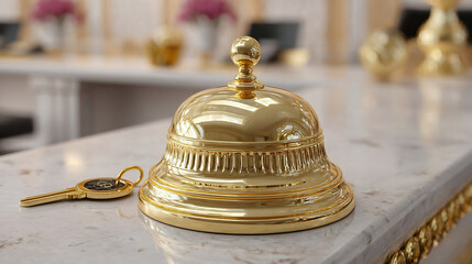 Service, hotel concept. Golden reception bell and hotel key on hotel reception desk