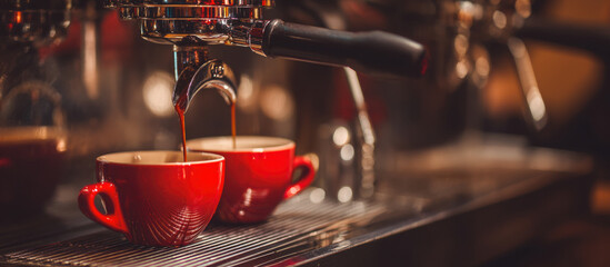 Espresso pouring into two red cups from a shiny coffee machine