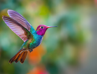 Fototapeta premium Hummingbird hovering gracefully in emerald light with vivid details and colors
