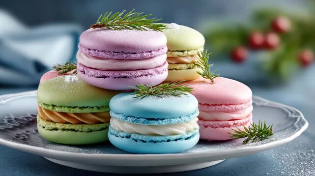 Assorted colorful macarons stacked on a festive cake stand with cranberries, pine sprigs and sparkling Christmas bokeh for a sweet holiday dessert scene
