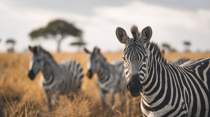 Naklejka premium Zebras grazing peacefully in the golden savanna under a soft afternoon light