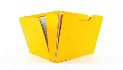 Yellow file folder with white papers, open