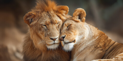 Obraz premium Cuddling lion and lioness share a tender moment in their natural habitat