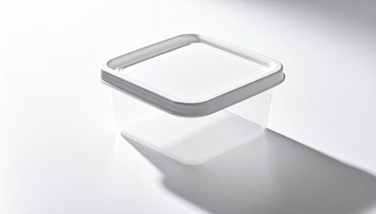 Clear square container with white lid, sharp shadow