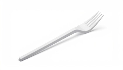 White, plastic fork with four tines, angled on white
