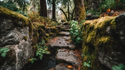 Fototapeta premium Ancient mossy stone steps ascend through a vibrant, tranquil forest with flowing water