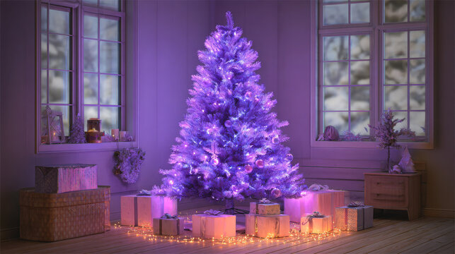 Purple Christmas tree glows in a cozy room surrounded by festive gifts and decorations