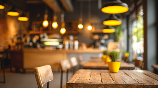 Warm and inviting rustic cafe interior with wooden furniture in a cozy setting - Powered by Adobe