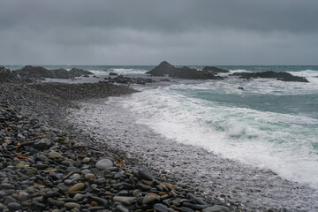 Russia, Murmansk region, Rybachy Peninsula. Barents Sea coast, storm. August 2025