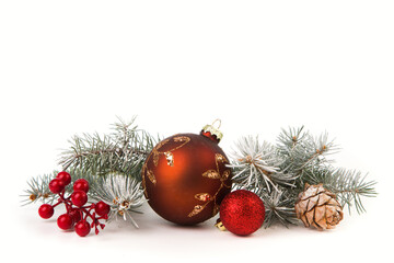 Christmas card with fir branches and Christmas decorations. Copy space