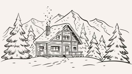 Hand drawn illustration of a log cabin nestled among pine trees with mountains in the background