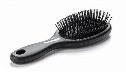 Black oval hairbrush with handle lies on a white surface