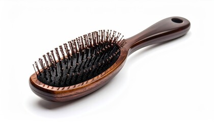 Wooden hairbrush with metal bristles on a white background