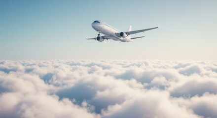 Obraz premium Stunning commercial airplane soaring above a sea of fluffy clouds under a clear blue sky, symbolizing travel and freedom.