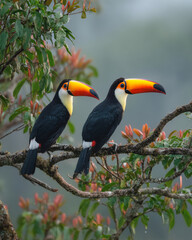 Fototapeta premium Two toucans perched on branches in a lush green forest setting during the morning