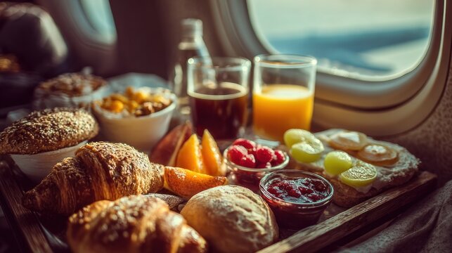 Assorted breakfast pastries, fresh fruits, and beverages on a tray inside an airplane cabin
