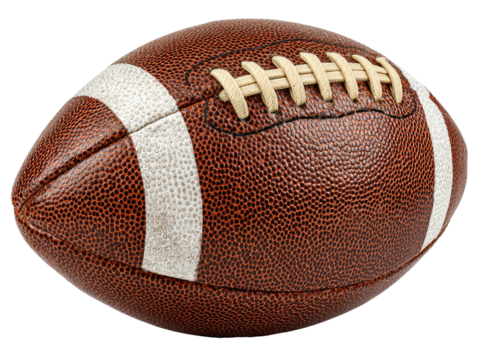 Brown, textured football with white stripes and tan laces