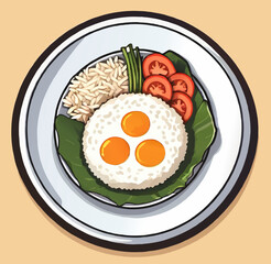 fried eggs with rice and vegetables cartoon vector illustration