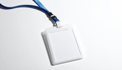 Blank white ID badge, clear holder, blue lanyard