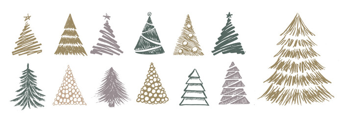 Christmas tree hand-drawn illustrations on white.	

