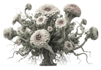 Fantasy flora muted flowers with strange stems, root-like structure