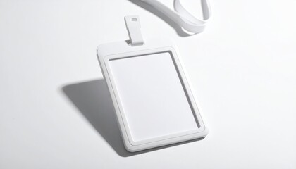 Plain white ID badge holder with lanyard on a white surface