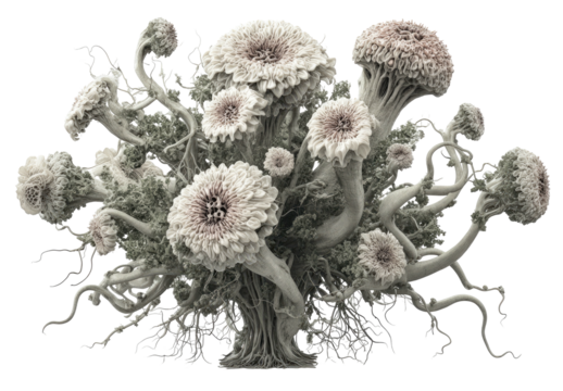 Fantasy flora muted flowers with strange stems, root-like structure