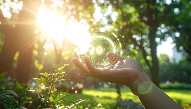 Sunlight Shines Through Hand Offering Digital Energy Orb Over Lush Green Park Trees On A Bright Sunny Day With Lens Flare Effect