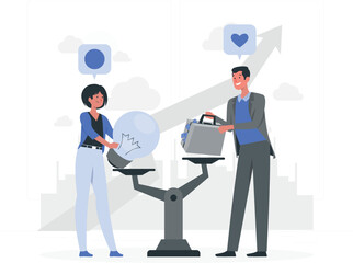 Man and woman balancing idea lightbulb against briefcase on a scale vector illustration
