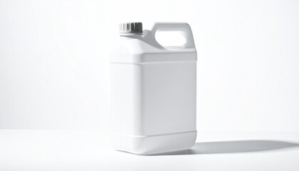 White plastic jug, black cap, handle on white background