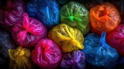 Brightly colored, tied plastic bags filled with various items, forming a dense pattern