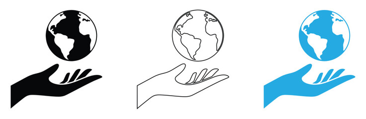 Flat charity icon showing globe,global aid, unity, and support.Caring hand cradles Earth icon for global protection and sustainability,Hand holding earth globe icons isolated on white background