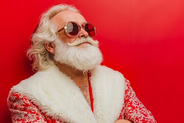 A man with a white beard and sunglasses on a red background