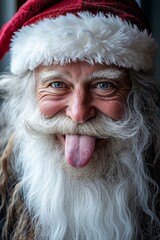 A man with a long white beard and a red hat sticking out his tongue