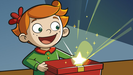 A happy cartoon girl with red hair opening a red box with a glowing star inside and light rays around it