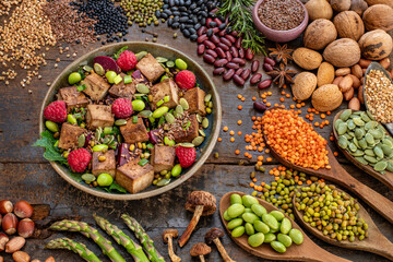 Healthy vegan salad bowl with fried tofu. 
