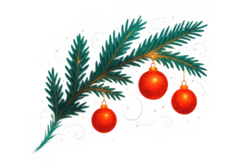 Fir tree branch decorated with red christmas ornaments, reflecting festive holiday season spirit, transparent background