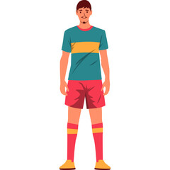 Full Body Portrait of a Male Athlete Standing Confidently in Teal and Yellow Sports Uniform on a White Background