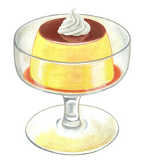 デザートグラスとプリンのイラスト-ホイップ付き