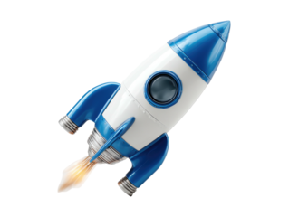 Blue-tipped rocket ship blasting off into space