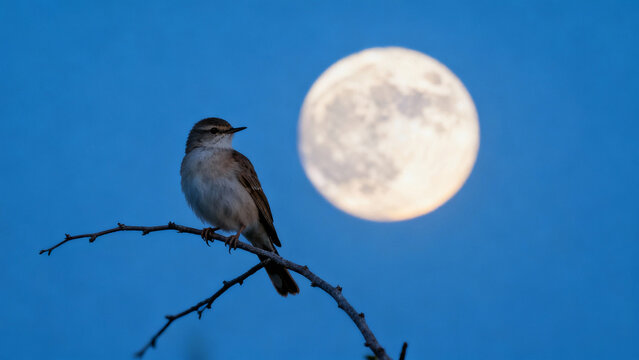 A nightingale resting on a branch under the moonlight in a serene blue night. wildlife magazines, conservation campaigns, designed for wildlife conservation campaigns.
