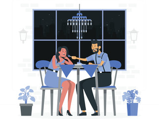 Couple enjoying a romantic dinner date at a restaurant table with city lights visible through the window