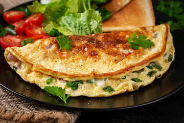 Omelette with cheese, tomatoes and green herbs. Omelette, salad and toast. Keto, ketogenic lunch. Healthy breakfast.