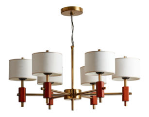 Six-shade chandelier with gold frame and red wood accents