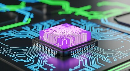 Closeup of a glowing purple processor chip on a futuristic circuit board with illuminated blue and green pathways, representing advanced technology and data flow