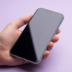 A realistic close-up of a hand holding a modern smartphone with a blank screen, isolated on a pastel purple background. Minimalist composition showing the phone’s sleek design.